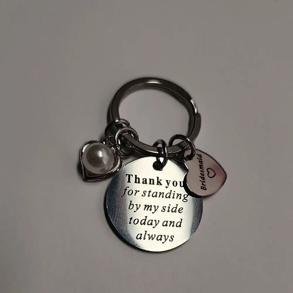 Silver Keychain with Heart and Pearl Charms Bridesmaid Gift